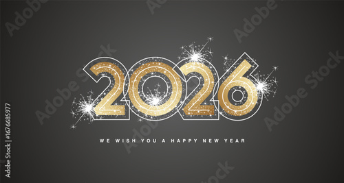 2026 We wish you Happy New Year modern golden trendy bold design numbers with line neon numbers over and glitter sparkle firework abstract gold white black greeting card