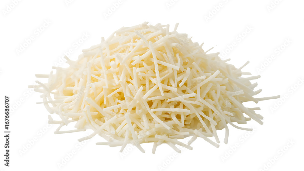 Obraz premium Shredded parmesan cheese pile on the transparent background isolated closeup, fresh grated dairy ingredient for cooking and garnishing