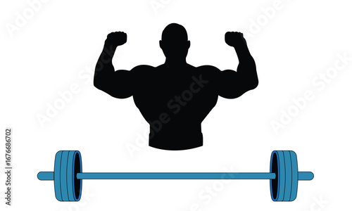 Vector illustration of a muscular bodybuilder flexing biceps with a heavy barbell. Symbol of strength, bodybuilding, fitness, workout, and gym training, isolated on white background.