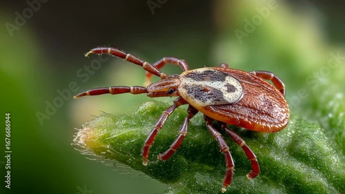 Tiny tick perched on fresh leaf surface, sharp focus on legs and body, emphasizing insectâ€™s role in disease transmission