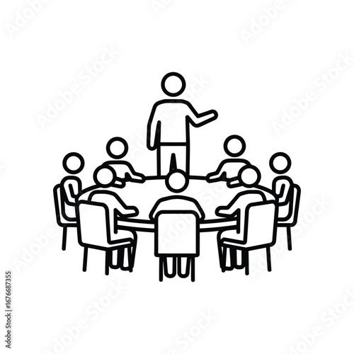 Conference table Meeting: A vector outline depicts a business team in conference setting with a leader at the focal point of discussion and collaboration. Representing ideas, teamwork.