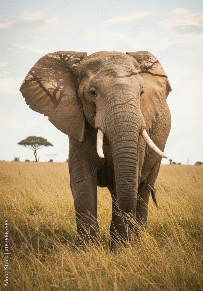 Fototapeta premium Artistic double exposure of an elephant blended with the warm hues of the African sun. Perfect for wildlife art, nature photography, and creative storytelling visuals.