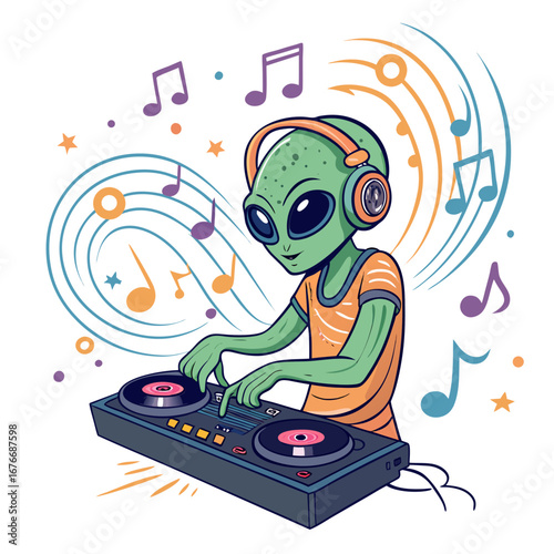 Beautiful Create Bold Stroke Alien Playing Music Whi Premium Digital Asset