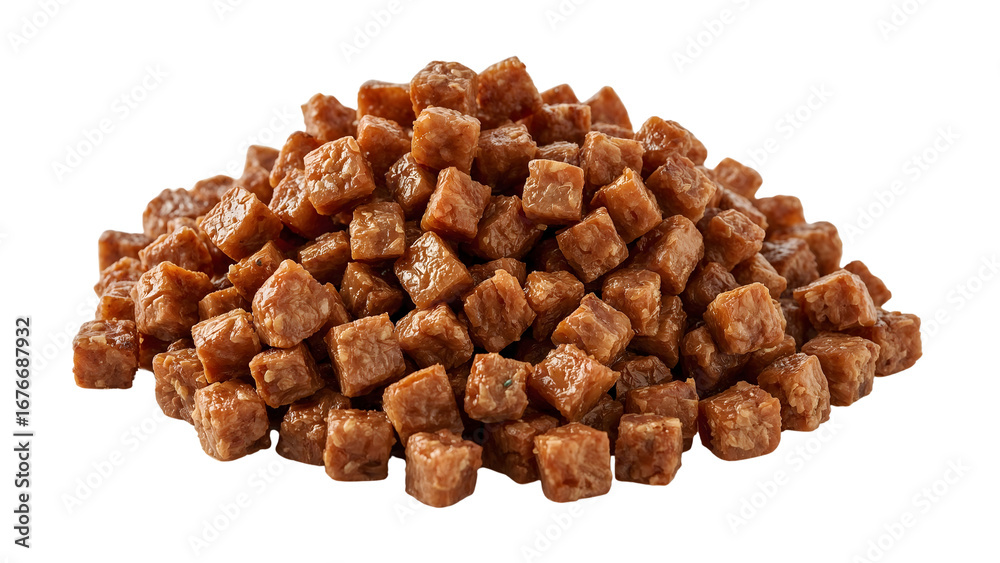 Obraz premium Pile of dried meat cubes isolated on the transparent background high protein snack, pet food, jerky, healthy nutrition concept