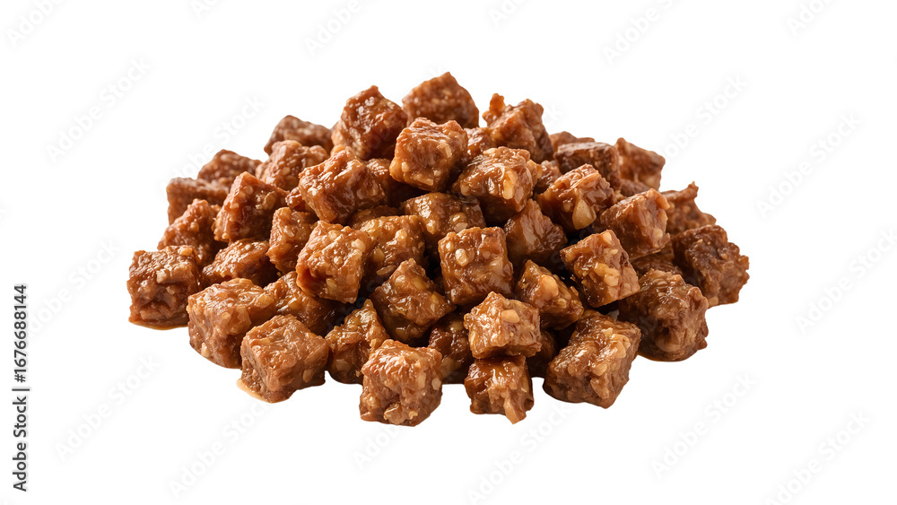 Obraz premium Pile of moist beef cubes dog treats isolated on the transparent background high protein pet snack bites concept for training reward