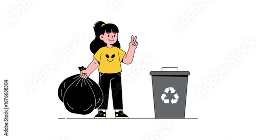 Young girl proudly shows off her clean environment efforts by disposing of trash responsibly
