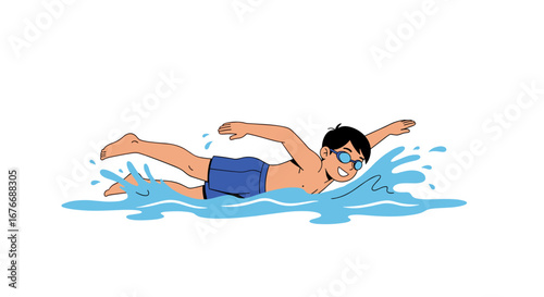 Young boy swimming freestyle stroke in blue water creating splashes with his body during a sunny day