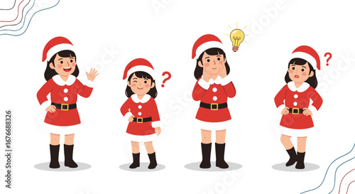 Four cute girls dressed as santa claus expressing different emotions during christmas celebration