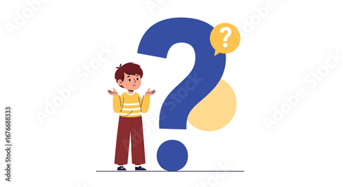 A young boy stands confused next to a large question mark with a yellow speech bubble containing a smaller question mark