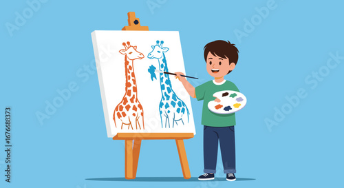 Young artist meticulously paints a blue giraffe onto an easel beside an orange giraffe creating vibrant art with colorful paints