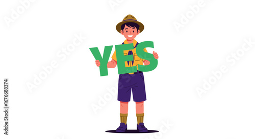 Young explorer enthusiastically holds up large green letters spelling yes in a tropical setting wearing a scout uniform