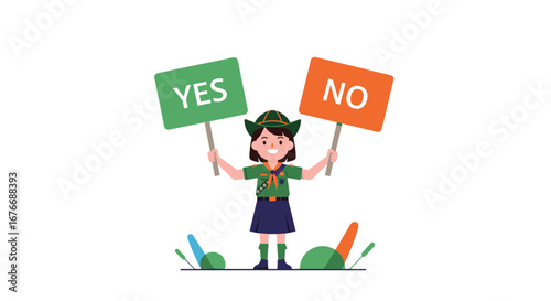 A young scout holds up signs indicating a decision between yes and no in a colorful illustration