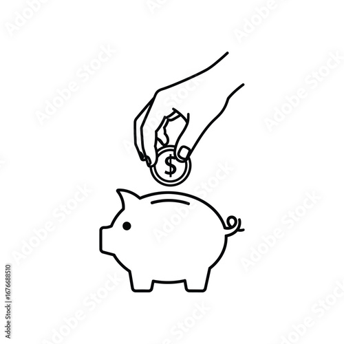 Saving for the Future: A simple illustration of a hand placing a coin into a piggy bank, symbolizing financial prudence and future savings.