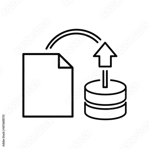 Data Transfer Icon: Clean, linear icon depicting data transfer, featuring a document and a database, symbolizing information flow and storage, perfect for tech-related content.