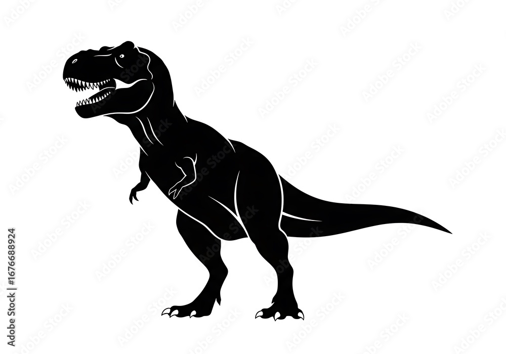 Obraz premium Dynamic black silhouette of a mighty carnivorous dinosaur, an iconic prehistoric predator, isolated on a white background for design