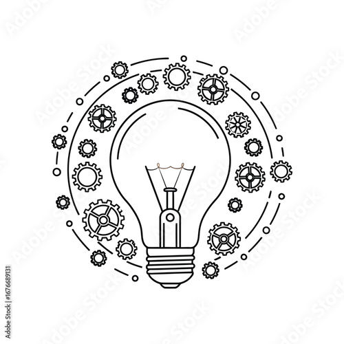 Innovative Spark: An illuminated light bulb, encircled by interconnected gears, symbolizes innovative thinking and the genesis of creative ideas.