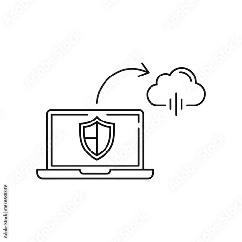 Data Security in the Cloud: Depicting a modern laptop, symbolizing data protection through a cloud-based system and a security shield for data safety