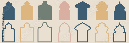 Islamic arch window silhouette . Shape Islamic door and arabic window icon. Set of decorative Islamic style arch and window silhouettes perfect for architecture, patterns, and cultural designs.

