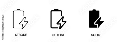 Battery icon represents energy, device, energy storage and charging. Vector stroke, outline and solid icons.