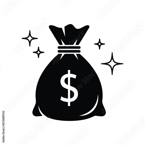 Money Bag Symbol: A minimalist depiction of a tied money bag adorned with a prominent dollar sign, symbolizing wealth and financial prosperity.