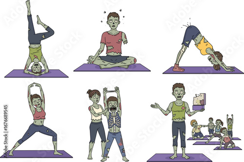 Zombie yoga poses, undead fitness class, creepy workout illustration, funny horror exercise, cartoon meditation, Halloween gym art, brain-eating stretch comic, digital undead yoga scene