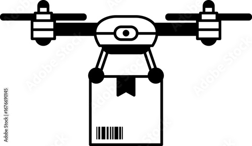 black and white illustration of A delivery drone is carrying a parcel box