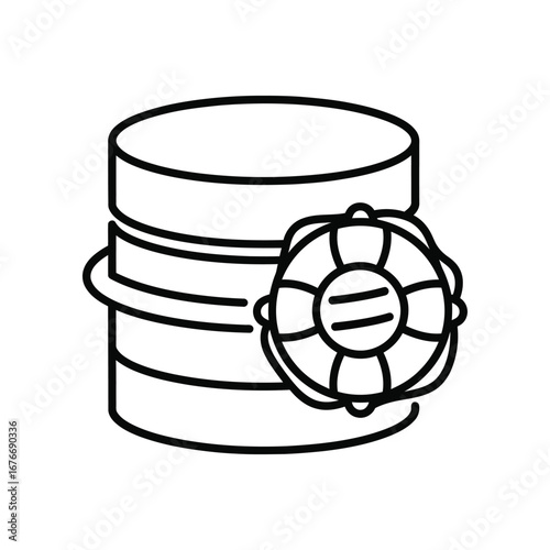 Data Rescue: A minimalist graphic depicts a lifeline buoy encircling a data storage cylinder, symbolizing data protection and backup.