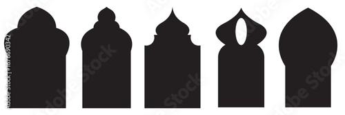 Islamic arch window silhouette . Shape Islamic door and arabic window icon. Set of decorative Islamic style arch and window silhouettes perfect for architecture, patterns, and cultural designs.

