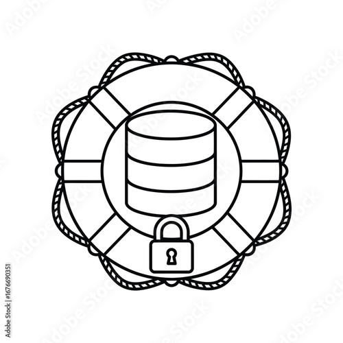 Data Resilience: A visual representation of data security and protection, featuring a secure database encapsulated within a life preserver, symbolizing safeguarding and data recovery.