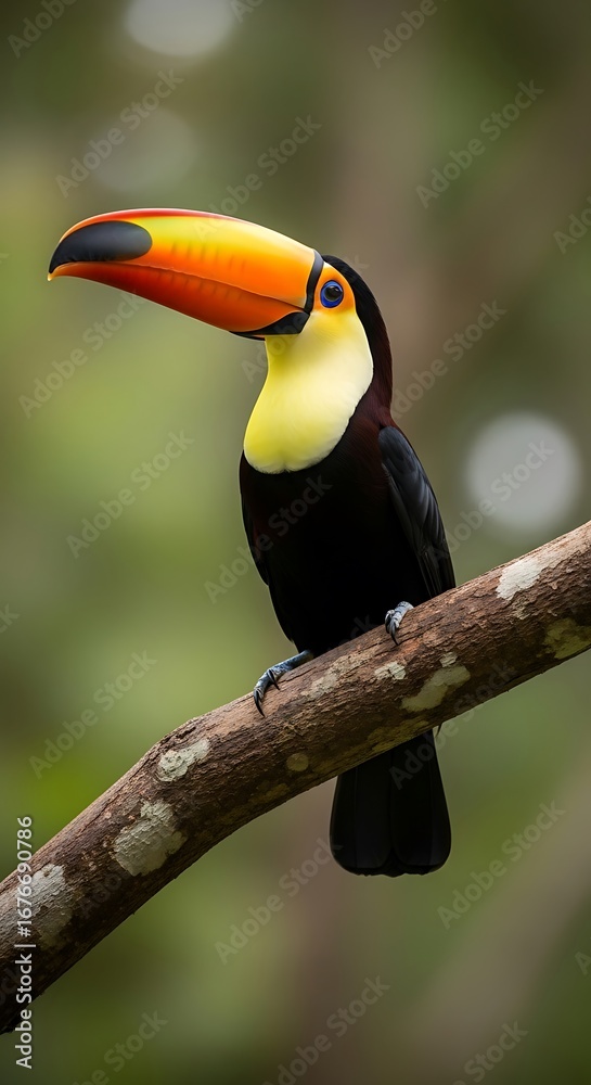 Naklejka premium A toucan perched on a branch. Vibrant colors
