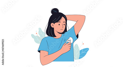 Young woman applying deodorant for personal hygiene and freshness in a clean, simple illustration