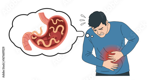Man experiencing severe stomach pain with internal parasites illustration for health awareness campaign