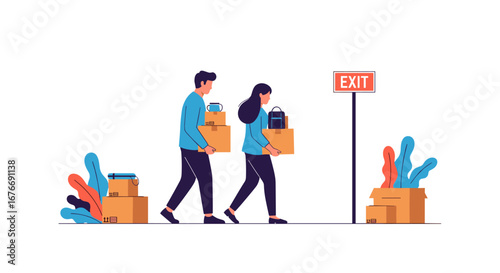 Couple leaving with boxes under exit sign symbolizes change, moving, or new beginnings concept art