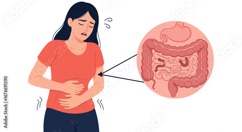 Woman experiencing abdominal pain and digestive discomfort with intestinal worms illustration for medical awareness