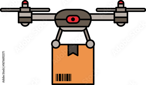 A delivery drone is carrying a parcel box