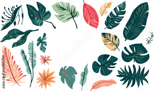 Vibrant tropical leaves arranged in a circular frame with a white background