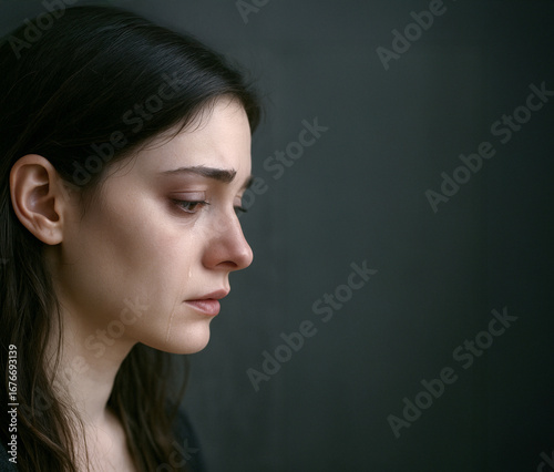 Young woman crying silently in profile with tear on face