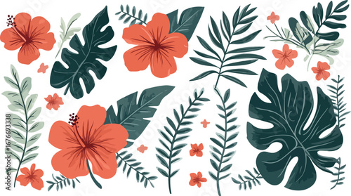 Vibrant tropical botanical illustration featuring orange hibiscus flowers and lush green foliage