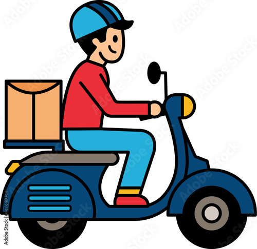 A male delivery man is riding a motorcycle to deliver