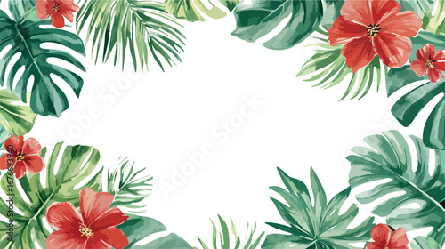 Vibrant watercolor tropical floral border with lush green leaves and red hibiscus flowers