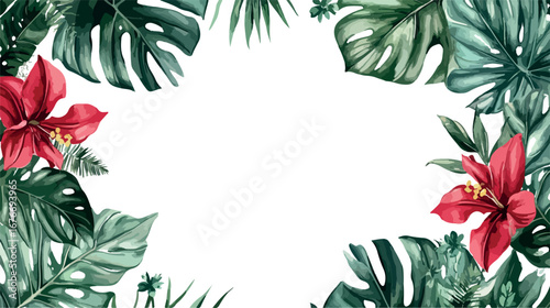 Vibrant red hibiscus flowers and lush green tropical leaves border on white background