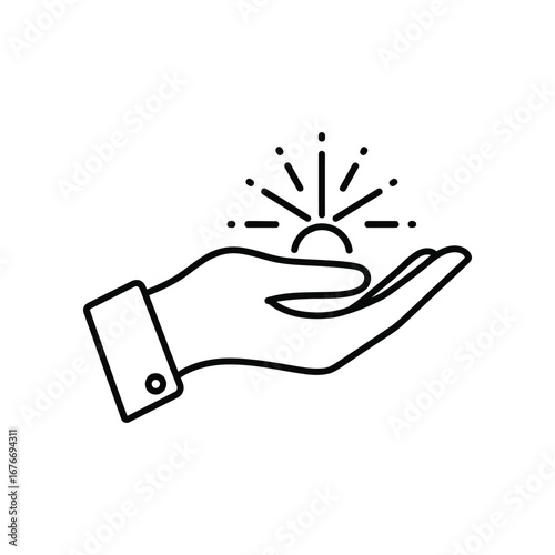 Shining Offering: A hand holds a radiant sun, symbolizing a gesture of giving, generosity, and the presentation of a valuable asset.
