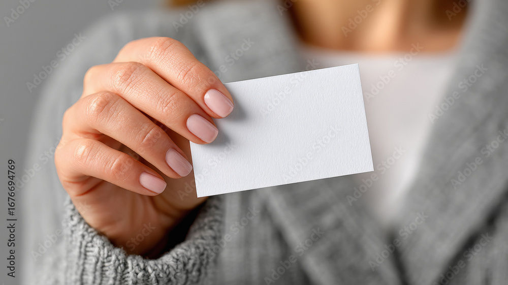 Obraz premium close up of female hand holding small white business card