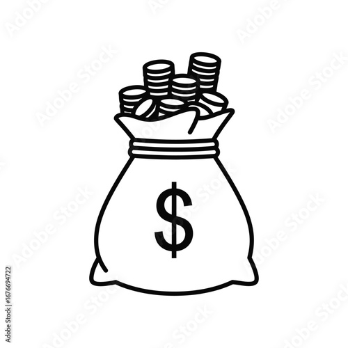 Wealth's Embrace: A black and white illustration of a classic money bag overflowing with stacked coins, a symbol of financial abundance and the allure of fortune.