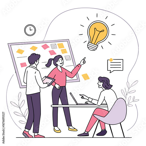 Creative Team Brainstorming: A dynamic team gathers, their ideas illuminated by a glowing lightbulb. Engaging in brainstorming and collaboration.