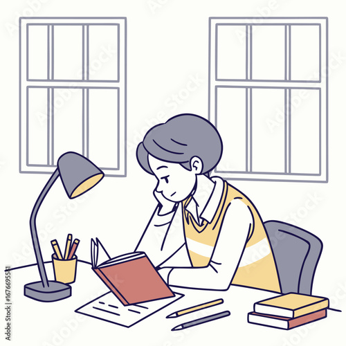 Studious Pursuit: A young individual, immersed in reading, sits at a desk illuminated by a desk lamp, signifying a dedication to learning and intellectual exploration.