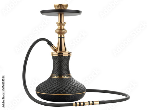 Black and Gold Luxury Hookah with Tall Elegant Stem and Black Hose Isolated on a Transparent Background 1