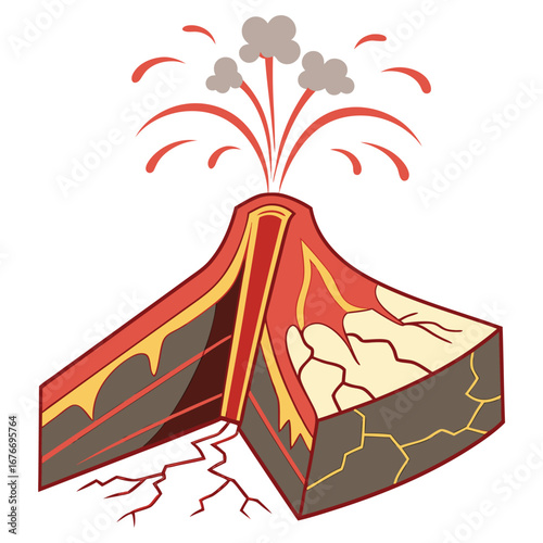 Volcanic Eruption: A vibrant illustration depicts a cross-section of a erupting volcano, showcasing the powerful forces within Earth's core.