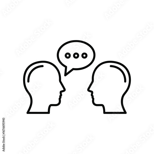 Dialogue icon: Minimalist illustration of two silhouetted heads engaged in a conversation, symbolizing communication, sharing thoughts, and ideas.