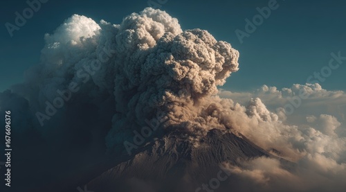 Massive volcanic plume erupting from a dark gray volcano